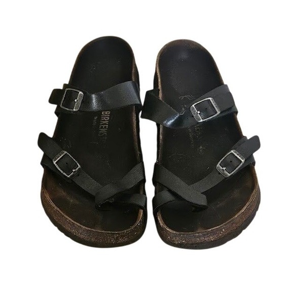 Birkenstock Mayari Sandals Women 7-7.5 EU 38 Black Leather Toe Thong Comfort - Picture 1 of 9